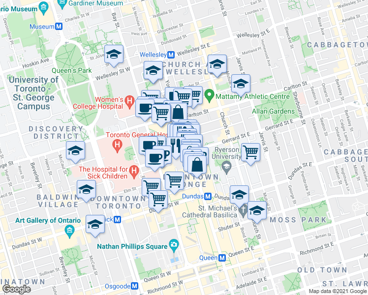 map of restaurants, bars, coffee shops, grocery stores, and more near 75-384 Yonge Street in Toronto