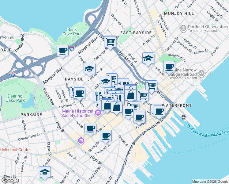 map of restaurants, bars, coffee shops, grocery stores, and more near 19 Chestnut Street in Portland