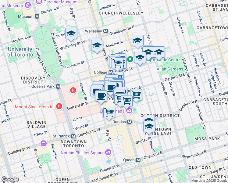 map of restaurants, bars, coffee shops, grocery stores, and more near 75-384 Yonge Street in Toronto