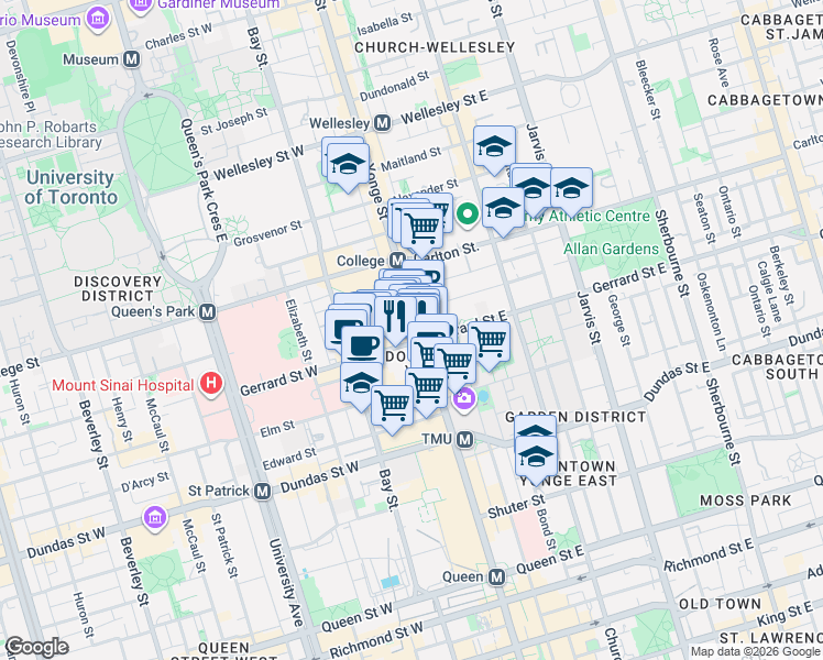 map of restaurants, bars, coffee shops, grocery stores, and more near 386 Yonge Street in Toronto