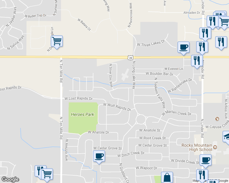 map of restaurants, bars, coffee shops, grocery stores, and more near 2595 West Tango Creek Drive in Meridian