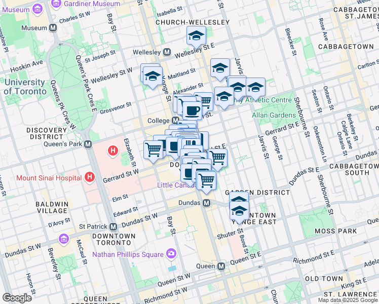map of restaurants, bars, coffee shops, grocery stores, and more near 401 Yonge Street in Toronto