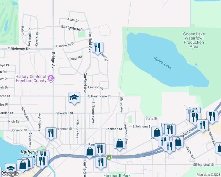 map of restaurants, bars, coffee shops, grocery stores, and more near 1417 East Hawthorne Street in Albert Lea