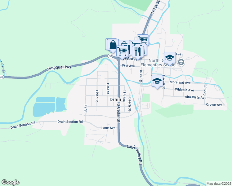 map of restaurants, bars, coffee shops, grocery stores, and more near in Drain