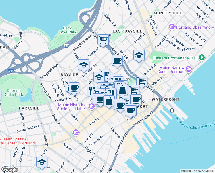 map of restaurants, bars, coffee shops, grocery stores, and more near 284 Cumberland Avenue in Portland