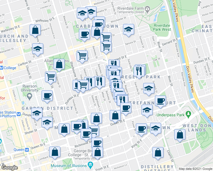 map of restaurants, bars, coffee shops, grocery stores, and more near in Toronto