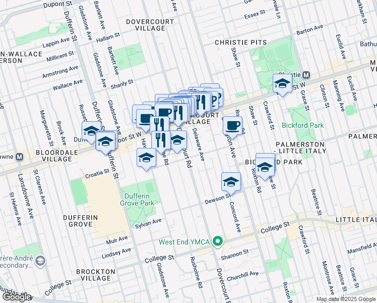 map of restaurants, bars, coffee shops, grocery stores, and more near in Toronto