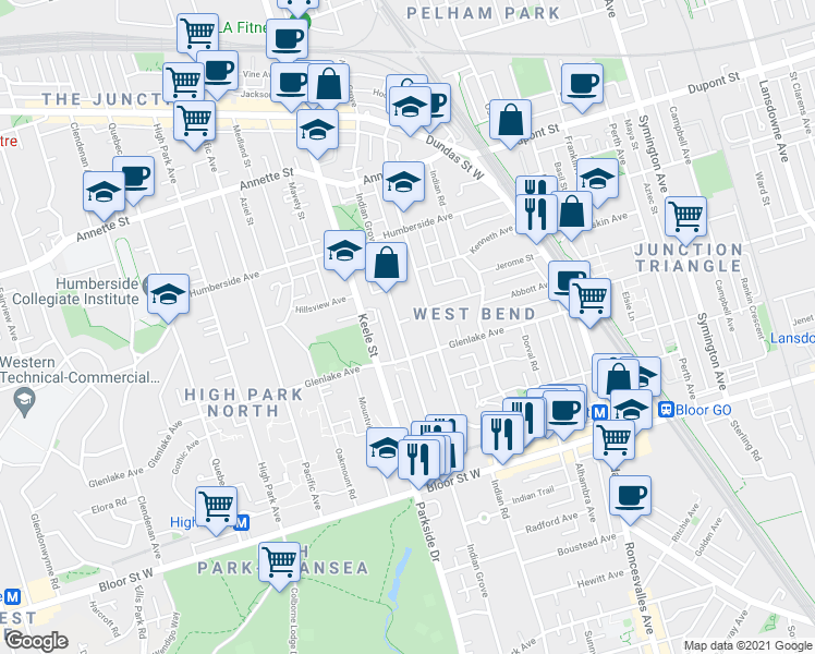 map of restaurants, bars, coffee shops, grocery stores, and more near 293 Indian Grove in Toronto