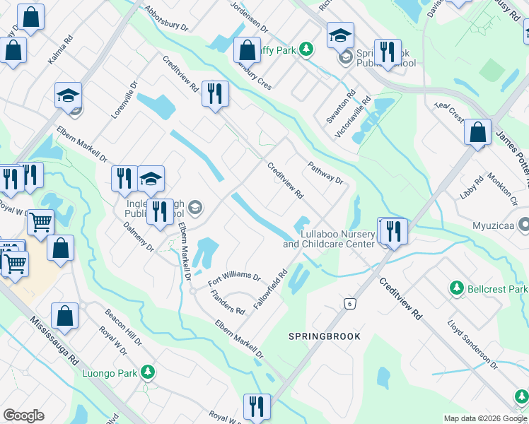map of restaurants, bars, coffee shops, grocery stores, and more near 28 Intrigue Trail in Brampton