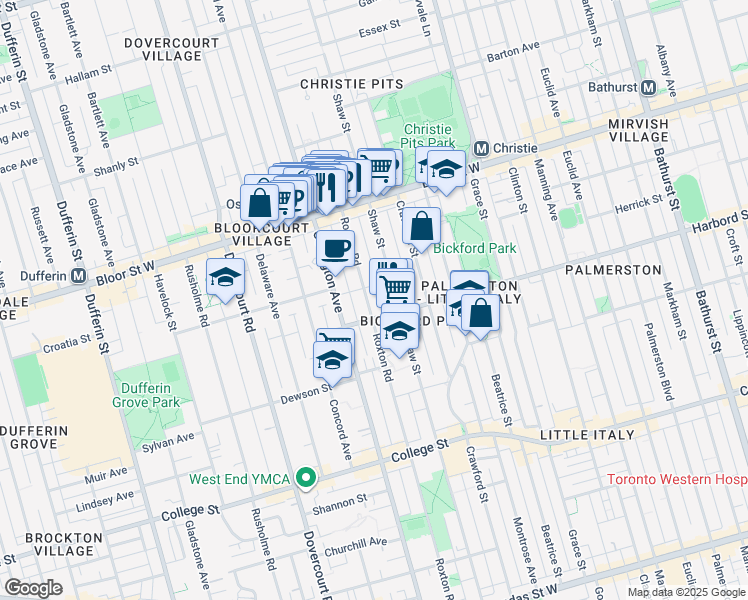 map of restaurants, bars, coffee shops, grocery stores, and more near 431 Roxton Road in Toronto