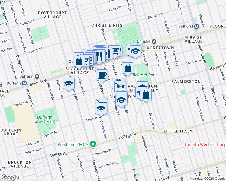 map of restaurants, bars, coffee shops, grocery stores, and more near in Toronto
