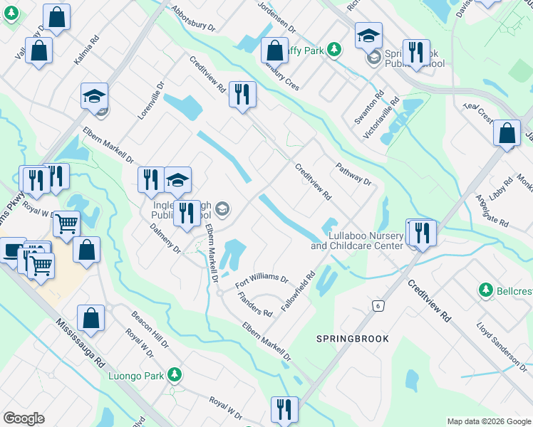 map of restaurants, bars, coffee shops, grocery stores, and more near 9 Interlacken Drive in Brampton