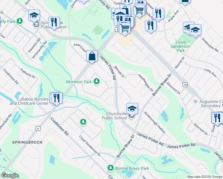 map of restaurants, bars, coffee shops, grocery stores, and more near 5 Beechmont Drive in Brampton