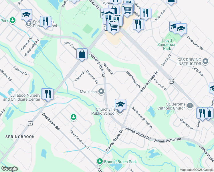 map of restaurants, bars, coffee shops, grocery stores, and more near 22 Adeline Court in Brampton