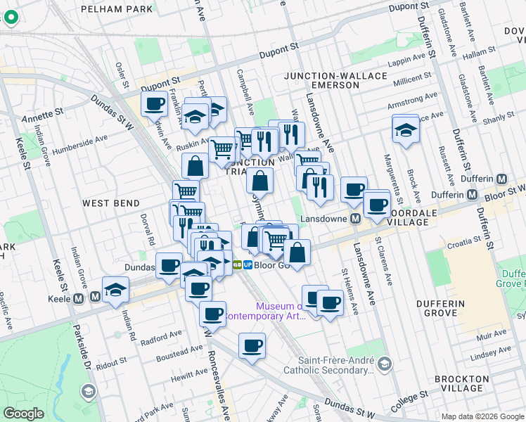map of restaurants, bars, coffee shops, grocery stores, and more near 77 Symington Avenue in Toronto