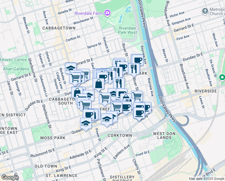 map of restaurants, bars, coffee shops, grocery stores, and more near 55 Regent Park Boulevard in Toronto