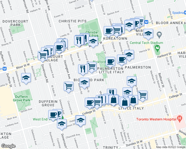 map of restaurants, bars, coffee shops, grocery stores, and more near 569 Crawford Street in Toronto