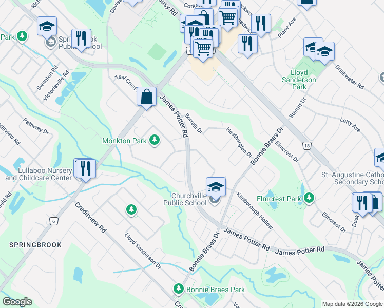 map of restaurants, bars, coffee shops, grocery stores, and more near 2 Timbercove Road in Brampton