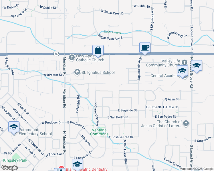 map of restaurants, bars, coffee shops, grocery stores, and more near 576 East Pasacana Street in Meridian