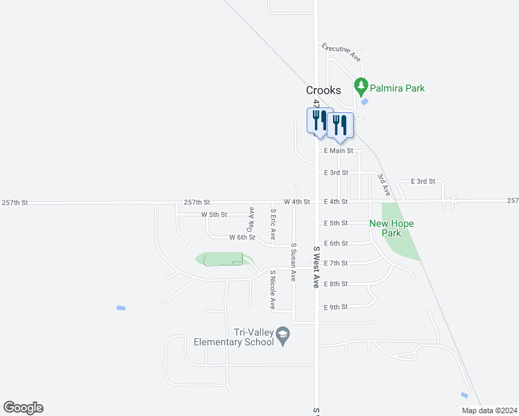 map of restaurants, bars, coffee shops, grocery stores, and more near 701 West 4th Street in Crooks