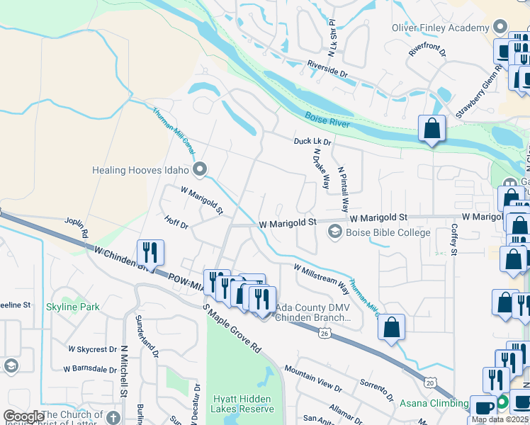 map of restaurants, bars, coffee shops, grocery stores, and more near 6007 Hazelbrook Lane in Garden City