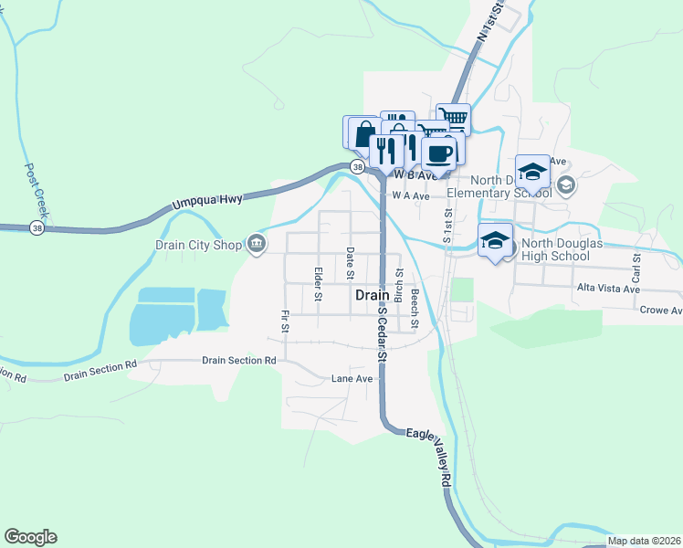 map of restaurants, bars, coffee shops, grocery stores, and more near 427 Date Street in Drain