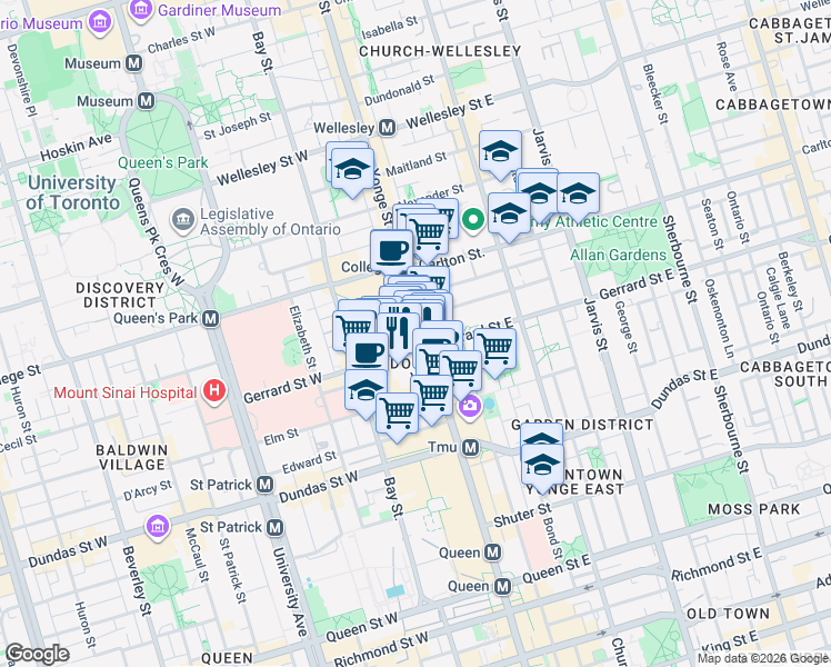map of restaurants, bars, coffee shops, grocery stores, and more near 75-384 Yonge Street in Toronto