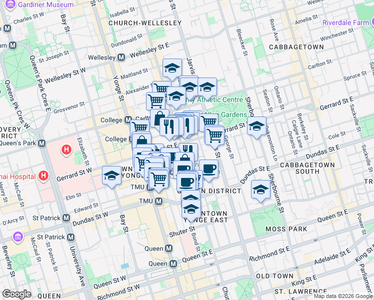 map of restaurants, bars, coffee shops, grocery stores, and more near 325 Church Street in Toronto