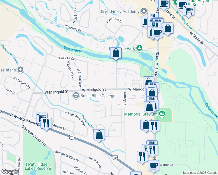 map of restaurants, bars, coffee shops, grocery stores, and more near 5940 North Cloud 9 Drive in Garden City
