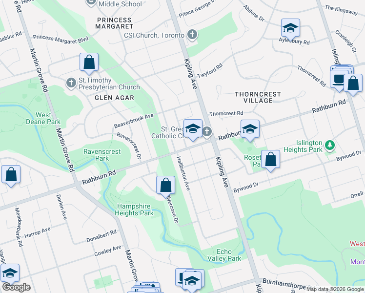 map of restaurants, bars, coffee shops, grocery stores, and more near 132 Rathburn Road in Toronto