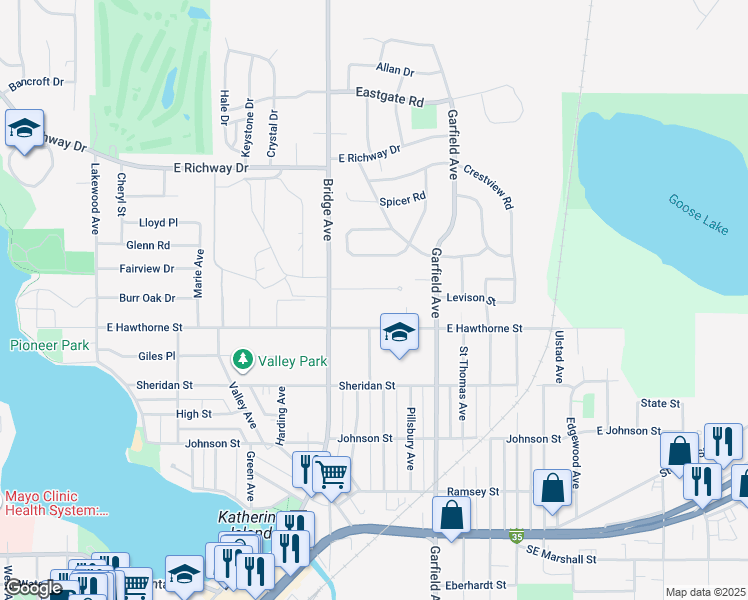 map of restaurants, bars, coffee shops, grocery stores, and more near 911 East Hawthorne Street in Albert Lea