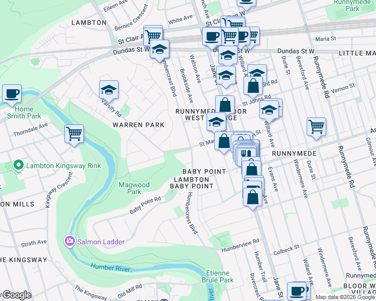map of restaurants, bars, coffee shops, grocery stores, and more near Humbercrest Point in Toronto