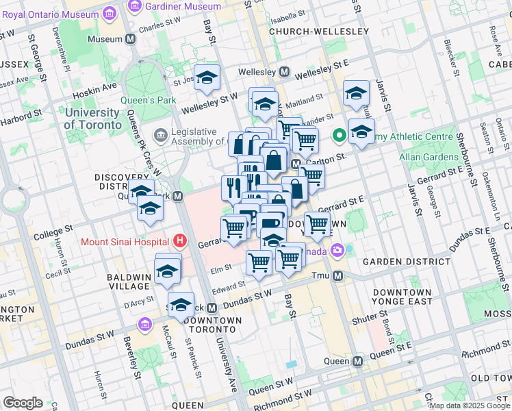map of restaurants, bars, coffee shops, grocery stores, and more near 736 Bay Street in Toronto