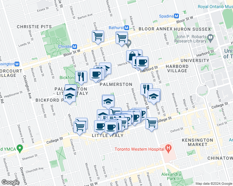 map of restaurants, bars, coffee shops, grocery stores, and more near 533 Euclid Avenue in Toronto