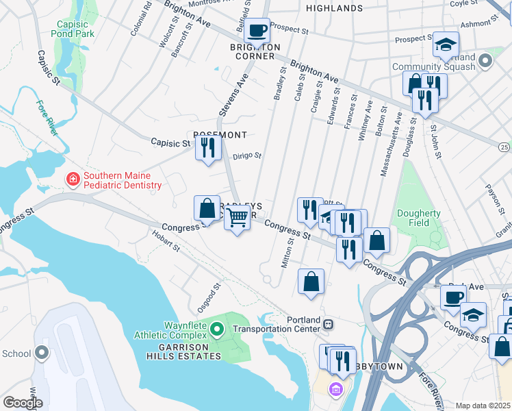 map of restaurants, bars, coffee shops, grocery stores, and more near 1363 Congress Street in Portland