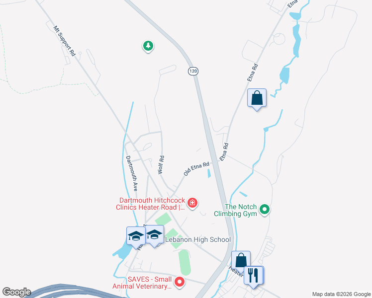 map of restaurants, bars, coffee shops, grocery stores, and more near 31 Old Etna Road in Lebanon