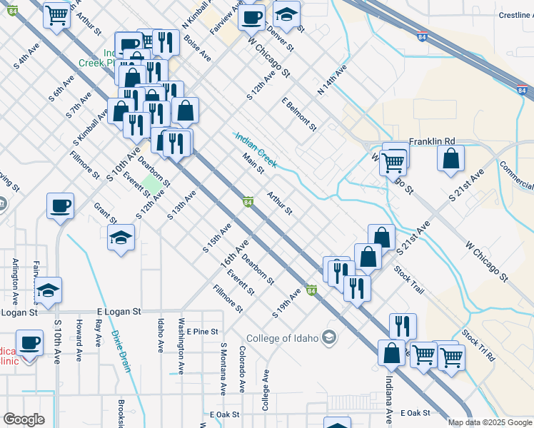 map of restaurants, bars, coffee shops, grocery stores, and more near 1602 Blaine Street in Caldwell