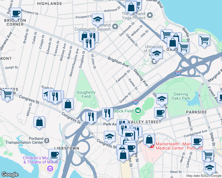 map of restaurants, bars, coffee shops, grocery stores, and more near 459 Saint John Street in Portland