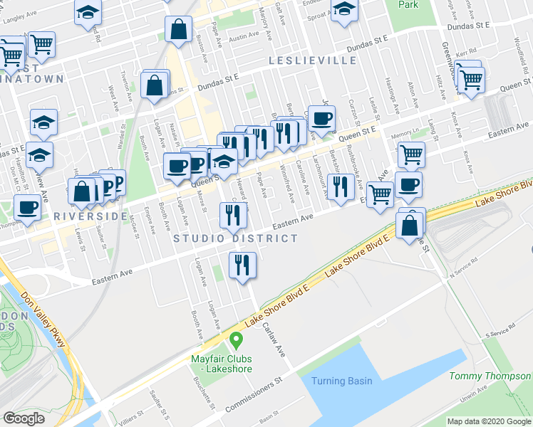 map of restaurants, bars, coffee shops, grocery stores, and more near in Toronto