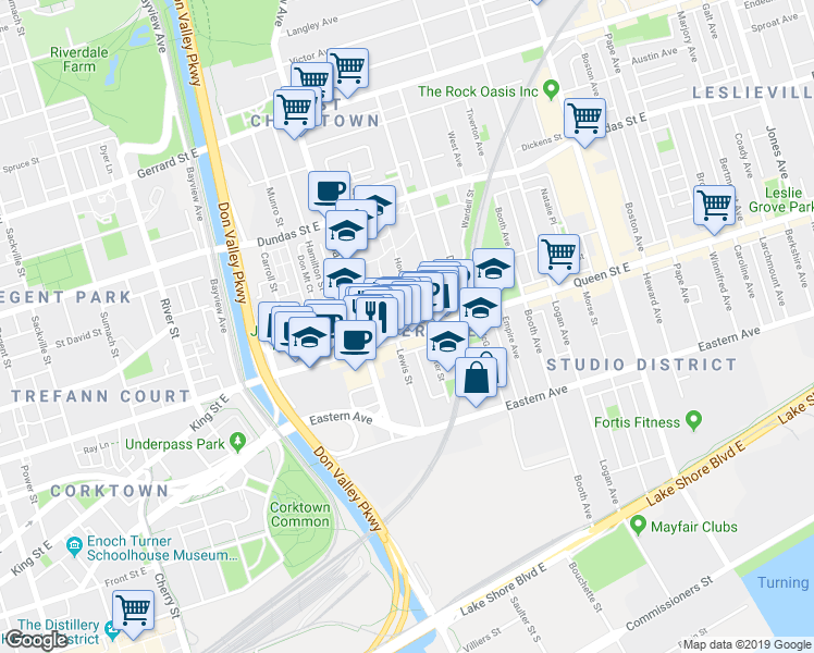 map of restaurants, bars, coffee shops, grocery stores, and more near in Toronto