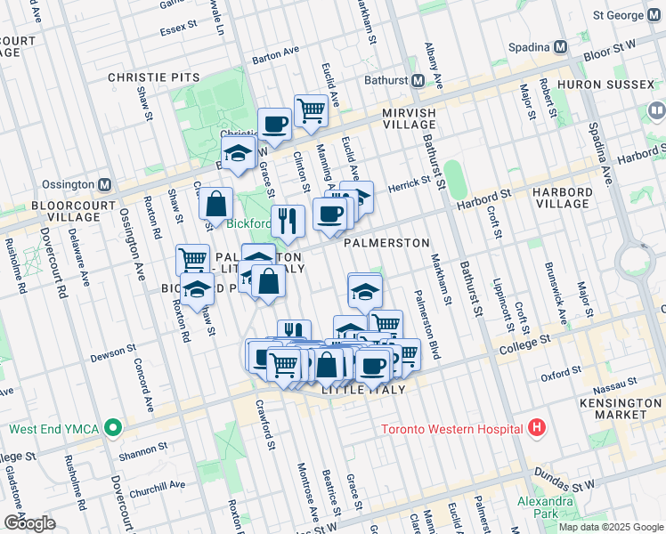 map of restaurants, bars, coffee shops, grocery stores, and more near in Toronto