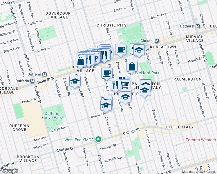 map of restaurants, bars, coffee shops, grocery stores, and more near in Toronto