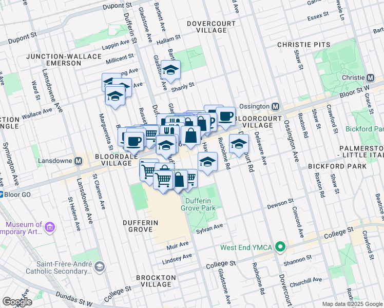 map of restaurants, bars, coffee shops, grocery stores, and more near 472 Weller Lane in Toronto