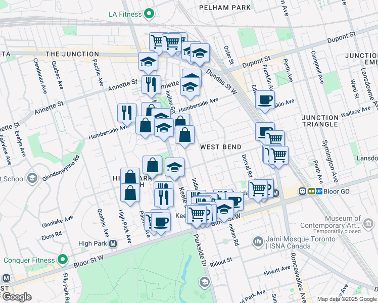map of restaurants, bars, coffee shops, grocery stores, and more near in Toronto