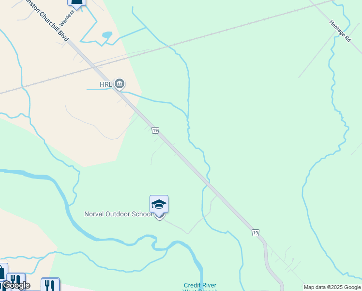 map of restaurants, bars, coffee shops, grocery stores, and more near 10576 Winston Churchill Boulevard in Halton Hills