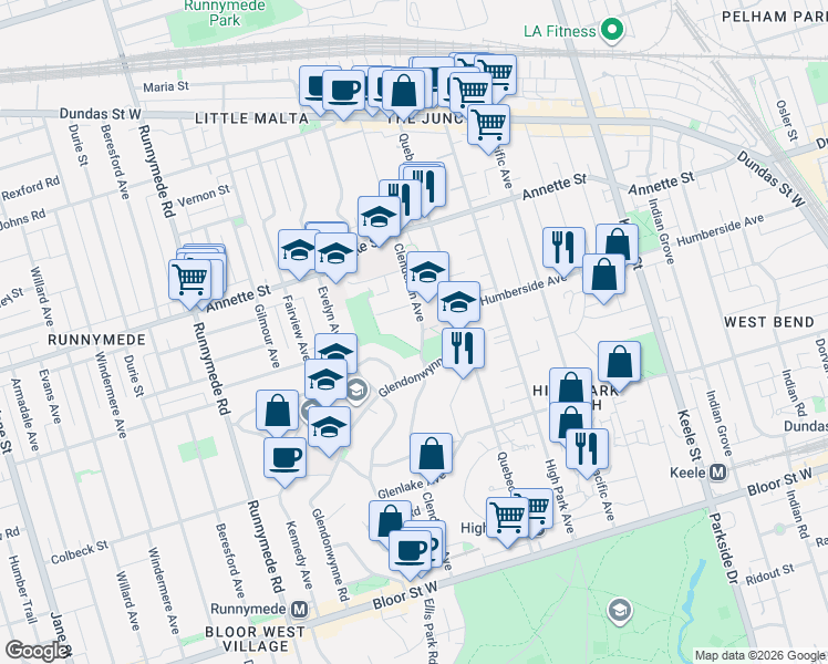 map of restaurants, bars, coffee shops, grocery stores, and more near 306 Clendenan Avenue in Toronto