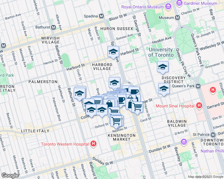 map of restaurants, bars, coffee shops, grocery stores, and more near 72 Robert Street in Toronto