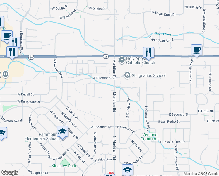 map of restaurants, bars, coffee shops, grocery stores, and more near 5995 North Meridian Road in Meridian