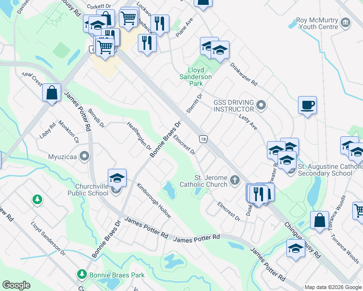 map of restaurants, bars, coffee shops, grocery stores, and more near 82 Elmcrest Drive in Brampton