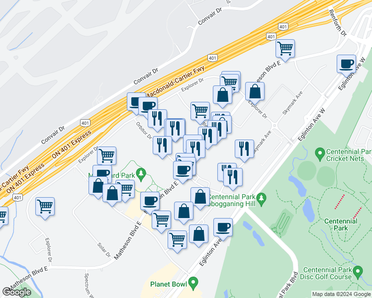 map of restaurants, bars, coffee shops, grocery stores, and more near 2560 Matheson Boulevard East in Mississauga